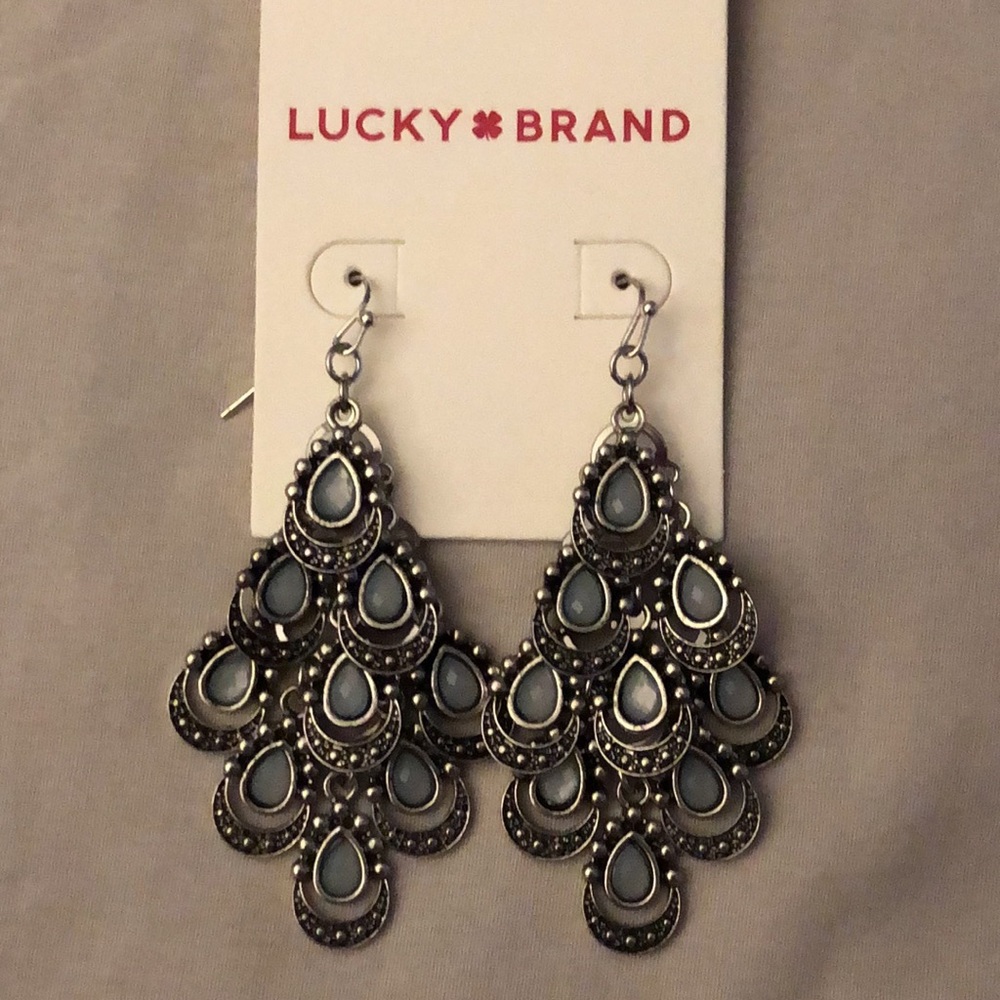 Lucky Brand Silver Tone & Slate Blue Teardrop Tiered Chandelier Earrings NEW - Picture 6 of 11